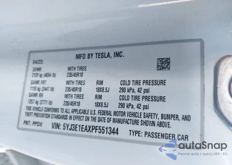 2023 Tesla Model 3 Rear-Wheel Drive из США, поврежденный, VIN 5YJ3E1EAXPF551344